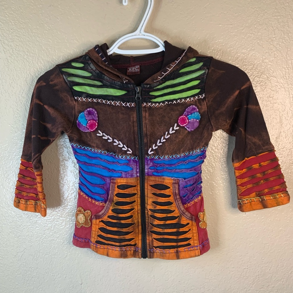 KPC Vintage Nepal Patchwork Razor Cut Boho Gypsy Hoodie Size 5/6 - Picture 2 of 5